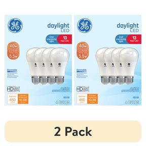 (2 pack) GE LED Light Bulbs, 40 Watts, Daylight, A19 Bulbs, Medium Base, Frosted Finish, 13yr, 4pk
