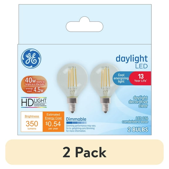 (2 pack) GE LED Light Bulbs, 40 Watts, Daylight, G16.5 Globe Bulbs, Small Base, Clear Finish, 13yr, 2pk