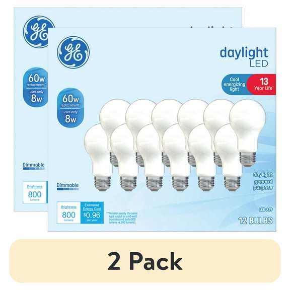 (2 pack) GE LED Light Bulbs, 60 Watt, Daylight, A19 Bulbs, Medium Base, Frosted Finish, 13yr, 12pk