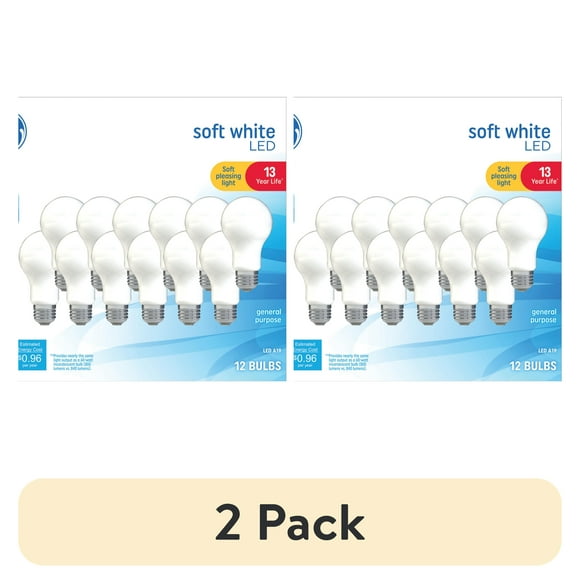 (2 pack) GE LED Light Bulbs, 60 Watt, Soft White, A19 Bulbs, Medium Base, Frosted Finish, 13yr, 12pk
