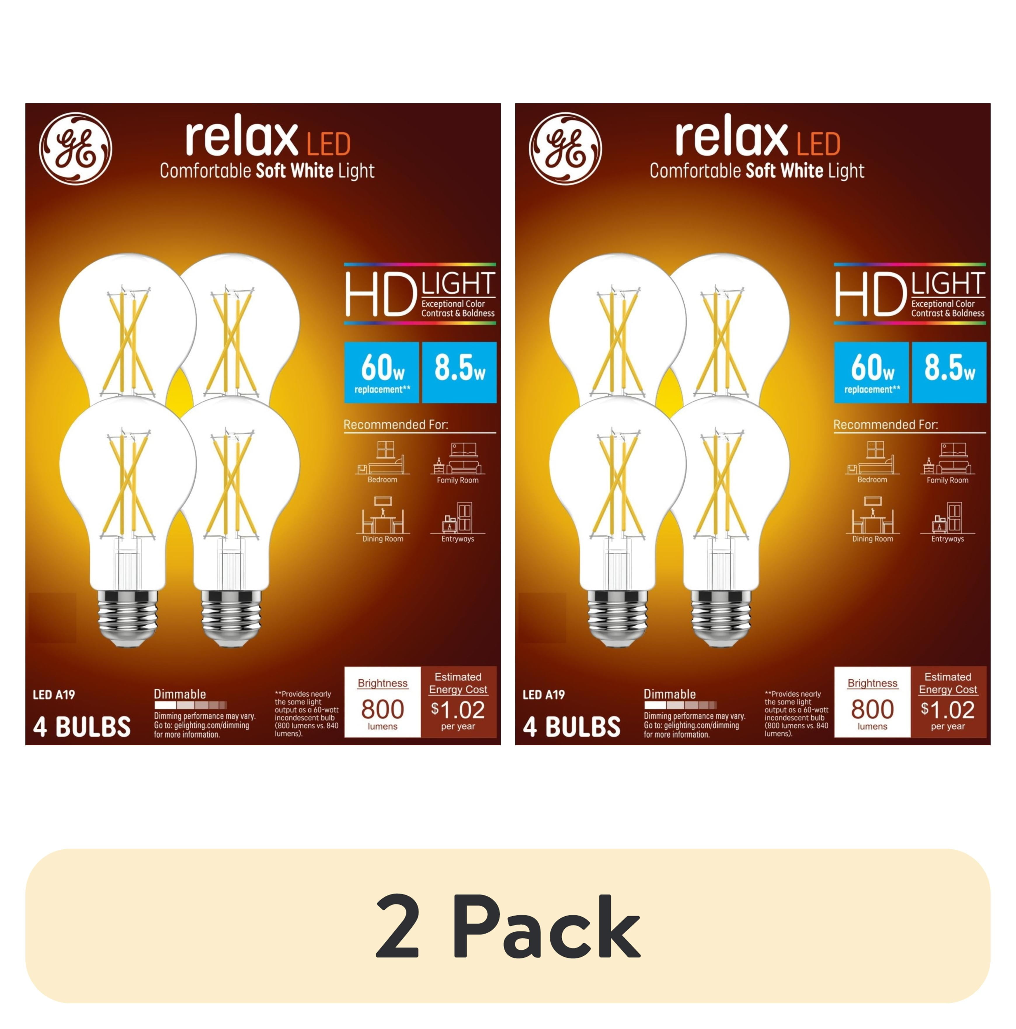 (2 pack) GE Relax HD LED Light Bulbs, 60 Watt, Soft White, A19 Bulbs, Medium Base, Clear Finish, 4pk
