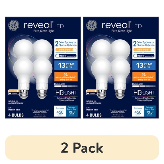 (2 pack) GE Reveal HD+ LED Light Bulbs, 40 Watts, A19 Bulbs, Medium Base, 4pk