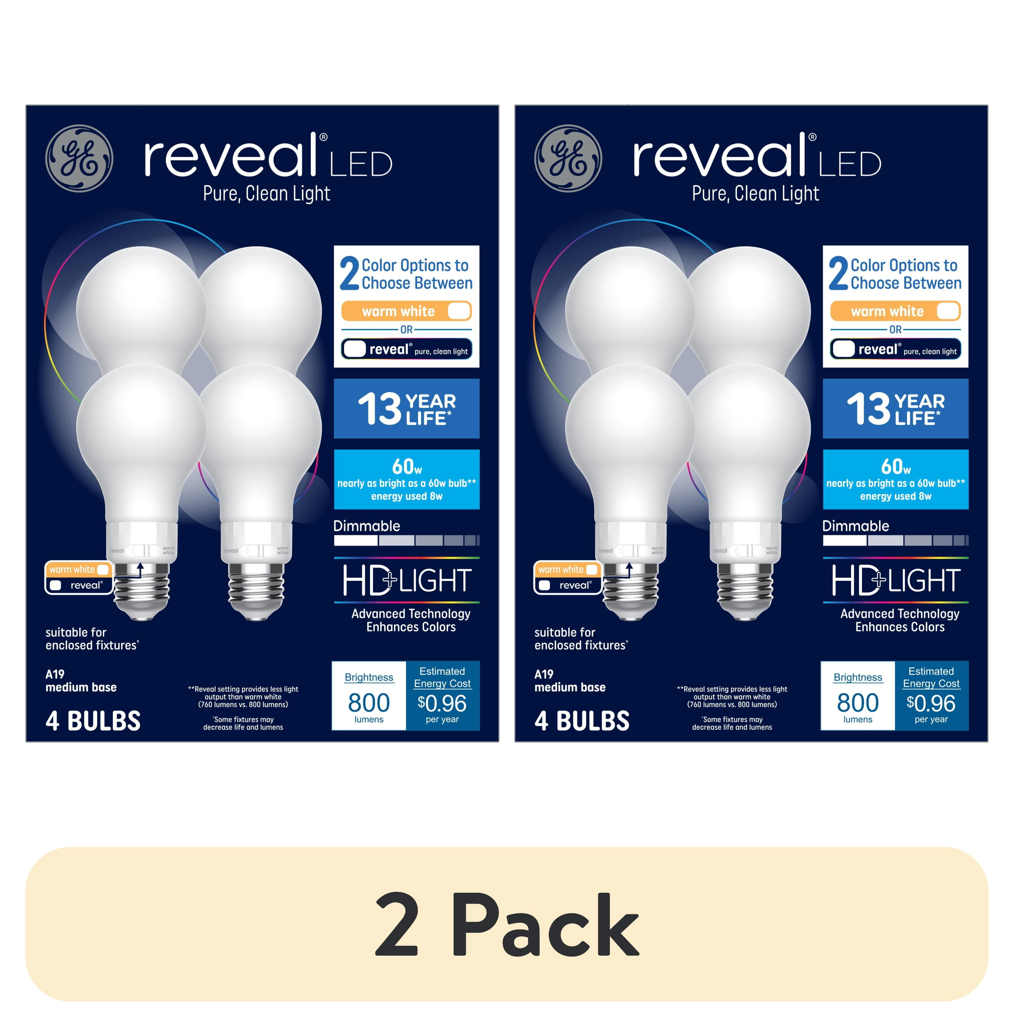 (2 pack) GE Reveal HD+ LED Light Bulbs, 60 Watt, A19 Bulbs, Medium Base, 4pk