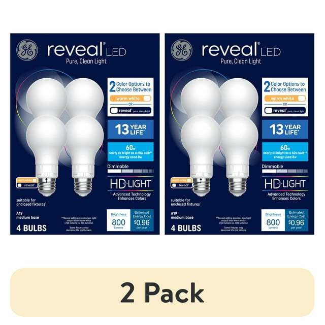 (2 pack) GE Reveal HD+ LED Light Bulbs, 60 Watt, A19 Bulbs, Medium Base, 4pk