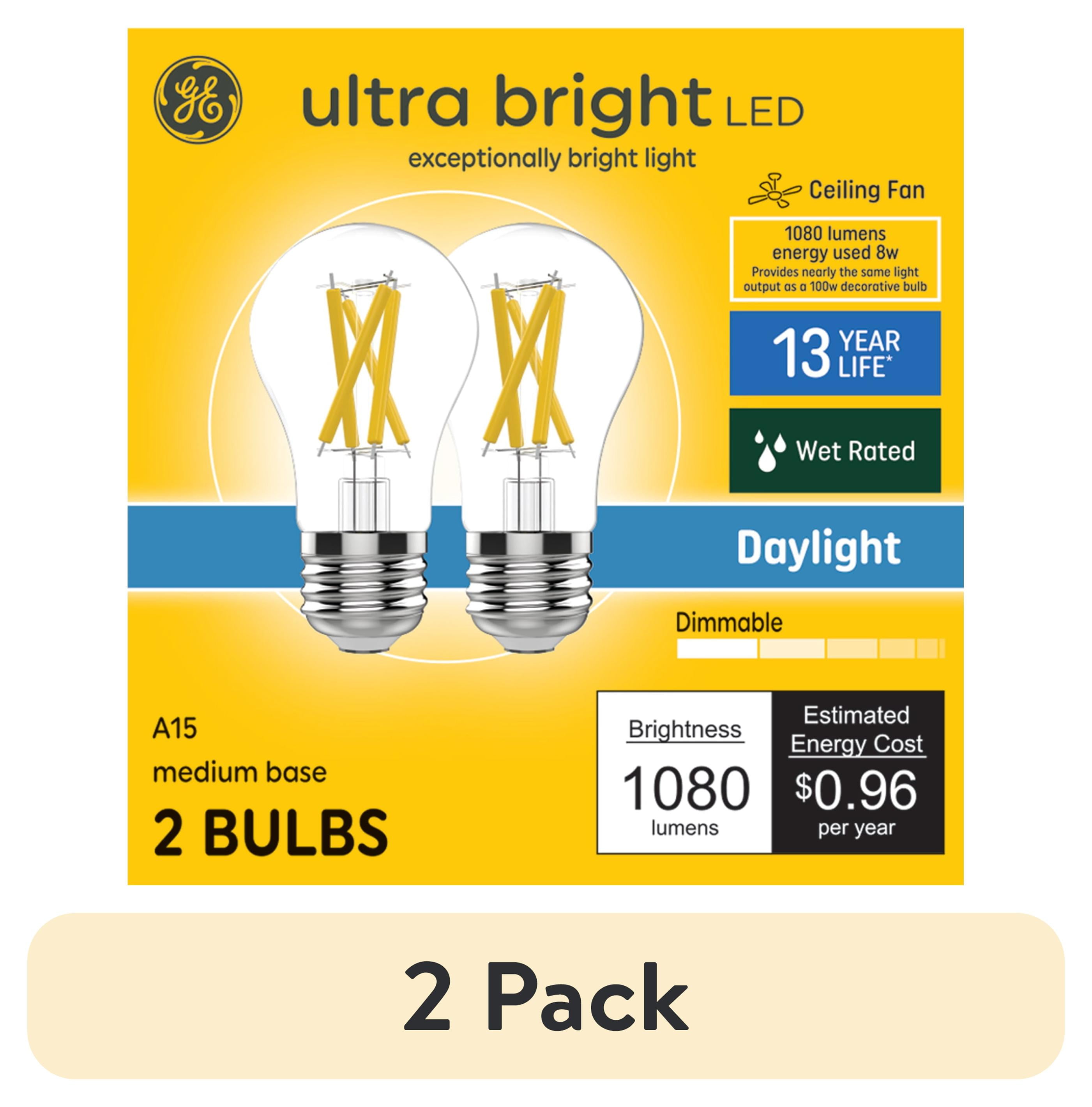 (2 pack) GE Ultra Bright LED Light Bulbs, 100 Watt, Daylight, A15 Ceiling Fan Bulbs, Medium Base, Clear Finish, 2pk