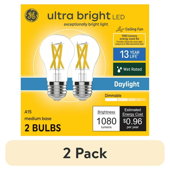 (2 pack) GE Ultra Bright LED Light Bulbs, 100 Watt, Daylight, A15 Ceiling Fan Bulbs, Medium Base, Clear Finish, 2pk