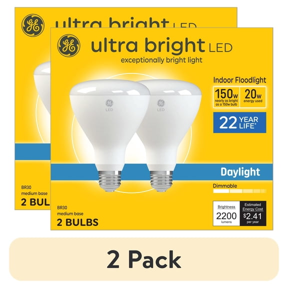 (2 pack) GE Ultra Bright LED Light Bulbs, 150 Watt, Daylight, BR30 Floodlights, Medium Base, Frosted Finish, 2pk