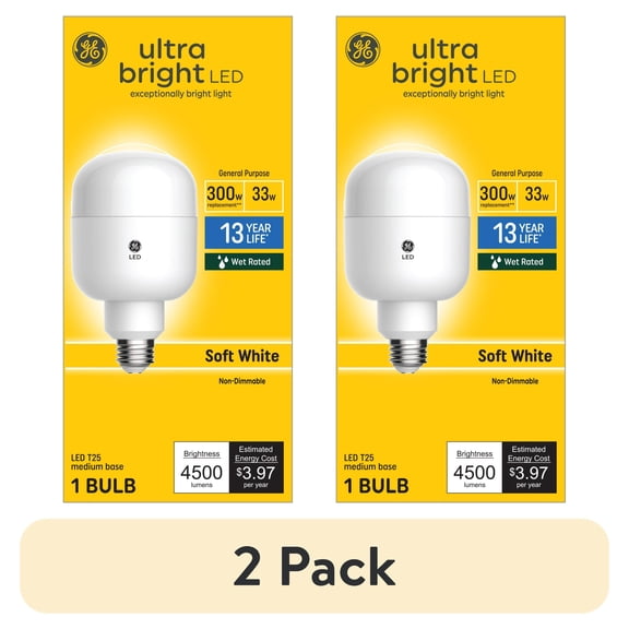 (2 pack) GE Ultra Bright LED 300 Watt Replacement, Soft White, T25 General Purpose Bulb (1 Pack)