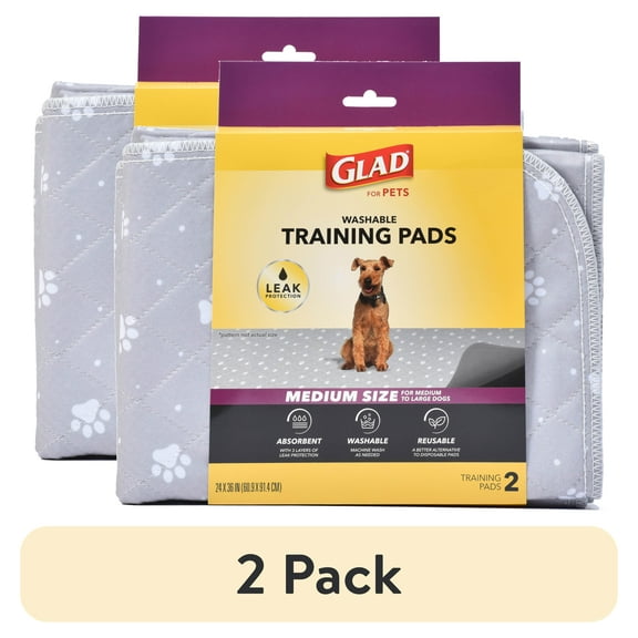 (2 pack) GLAD for Pets Washable Training Pads Medium Size 24”x36” 2 Pack Gray 3 Layers Protection and No Slip Grip Vinyl Bottom