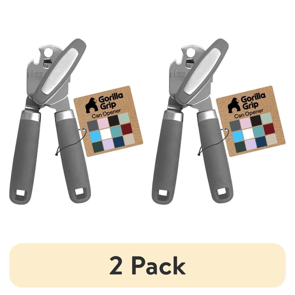 (2 pack) GORILLA GRIP Stainless Steel Manual Can Opener, Soft Touch Handle, Built-In Bottle Opener, Gray