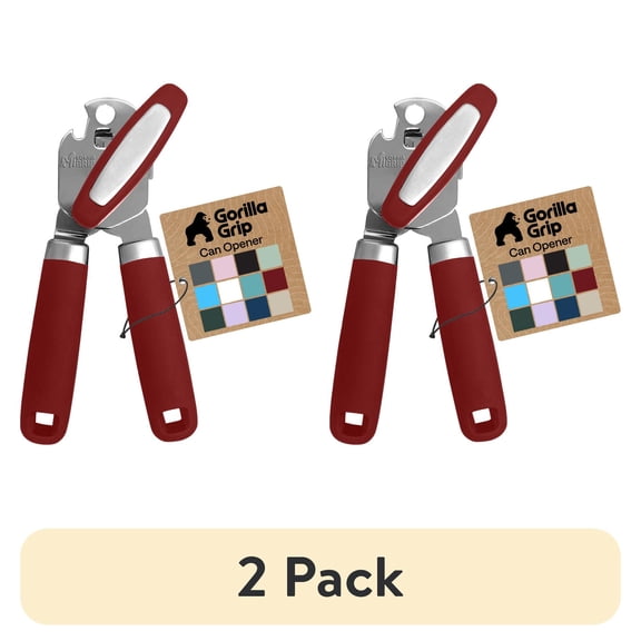 (2 pack) GORILLA GRIP Stainless Steel Manual Can Opener, Soft Touch Handle, Built-In Bottle Opener, Red