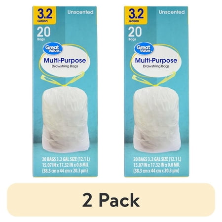 (2 pack) Great Value 3.2 Gallon Small Drawstring Trash Bags, Unscented Garbage Bags, 20 Bags