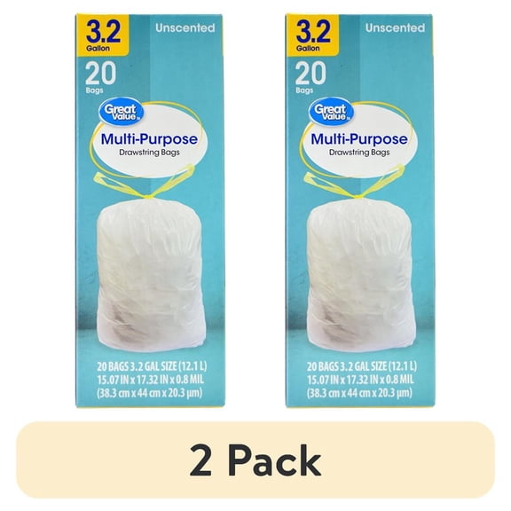 (2 pack) Great Value 3.2 Gallon Small Drawstring Trash Bags, Unscented Garbage Bags, 20 Bags