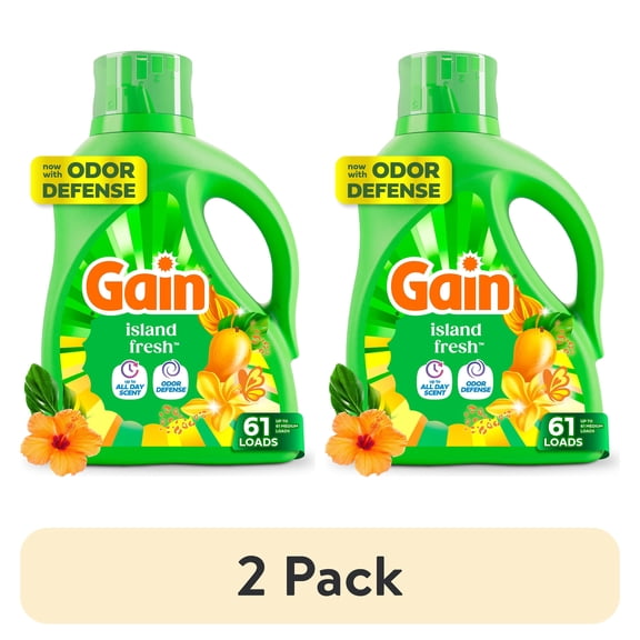 (2 pack) Gain Laundry Detergent Liquid, Now with Odor Defense, Island Fresh Scent, 81 fl oz, 61 Loads