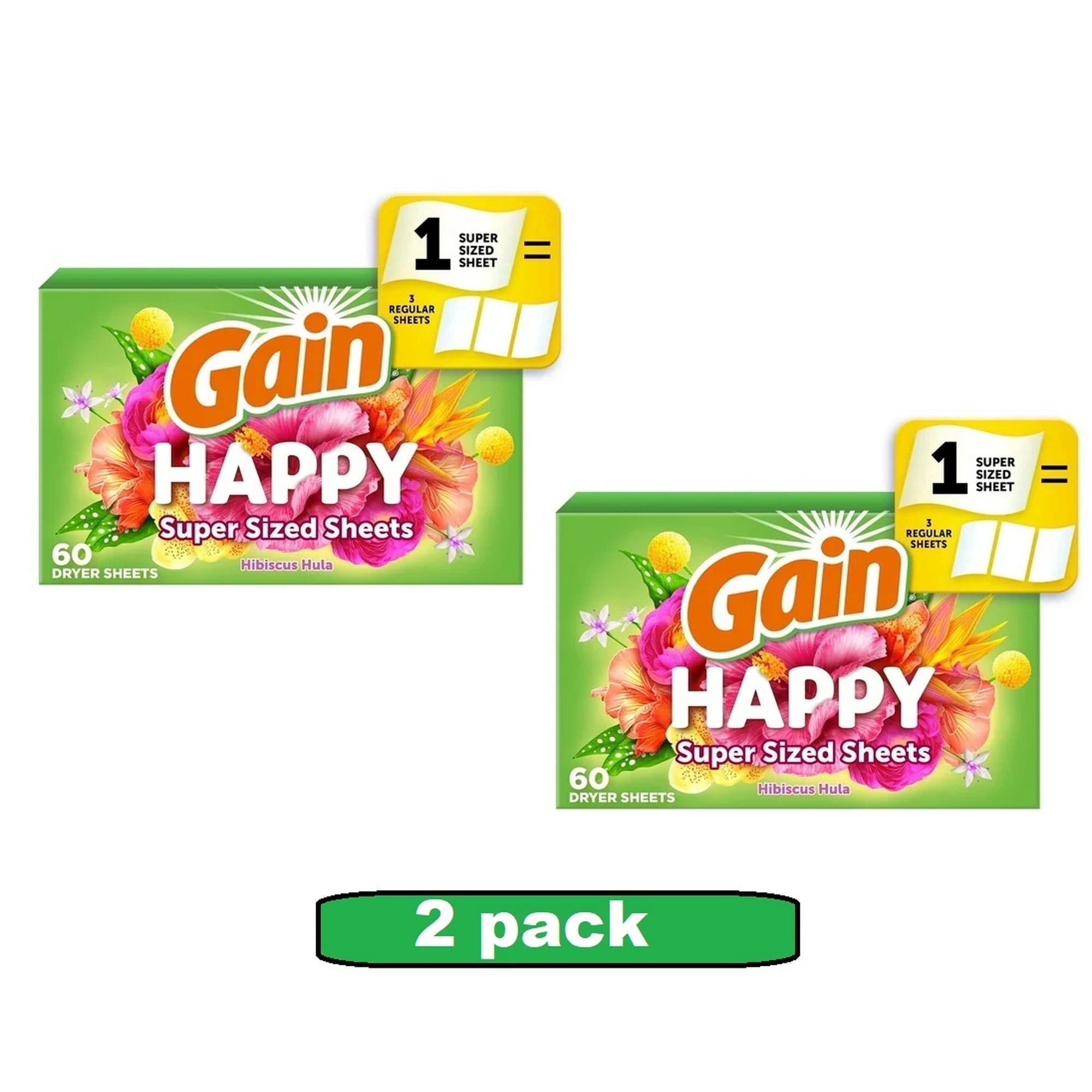 2 pack Gain Super Sized Dryer Sheets, Happy, Hibiscus Hula Scent, 120 Count