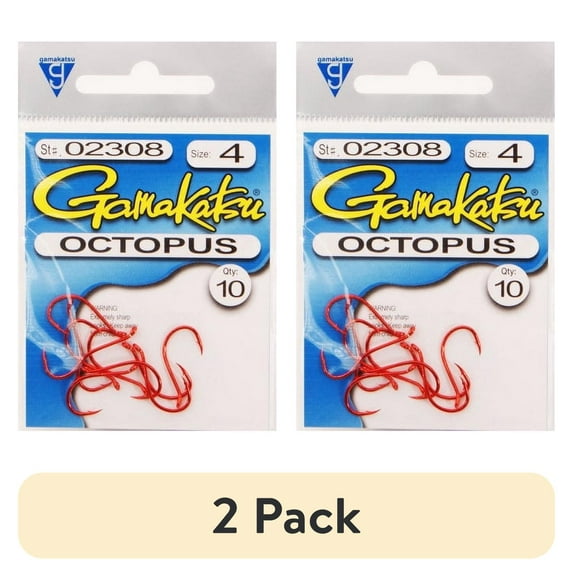 (2 pack) Gamakatsu Octopus Fishing Hook, Carbon Steel, Red, Size 4, 10-pack, Freshwater