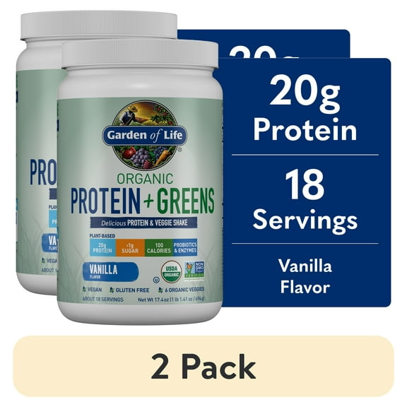 (2 pack) Garden of Life Organic Plant Based Greens Probiotic 20g Protein Shake Drink Powder for Digestive Gut Health, Vegan, Vanilla, 1.1lb