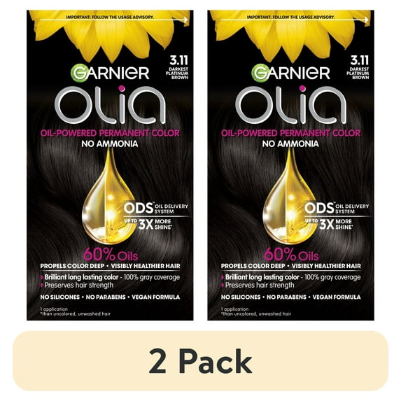 (2 pack) Garnier Olia Oil Powered Permanent Hair Color, 3.11 Darkest Platinum Brown