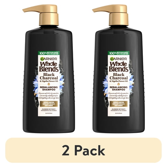 (2 pack) Garnier Whole Blends Rebalancing Cleansing Shampoo with Black Charcoal, All Hair Types, 26.6 fl oz