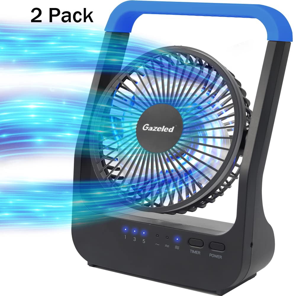 (2 pack) Gazeled Battery Operated Fan,Camping Fan, Super Long Lasting, Portable D-Cell Battery Powered Desk Fan with Timer,3 Speeds, Quiet, 180° Rotation,Cooling Fan for Bedroom,Home,Office,Outdoor, 5'',Blue