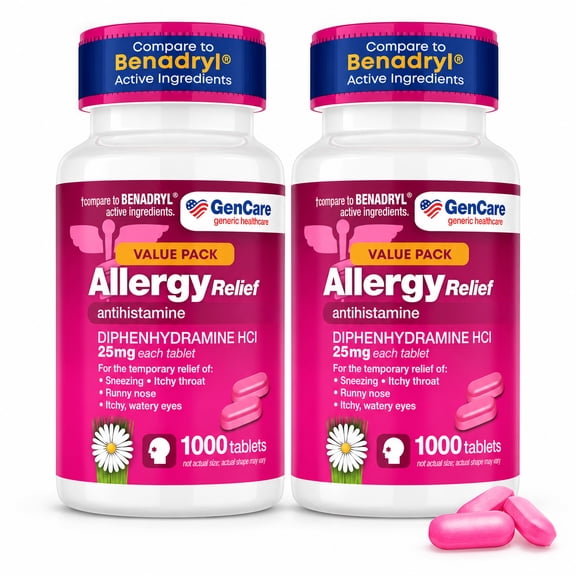 (2 pack) GenCare Allergy Relief Tablets Antihistamine Diphenhydramine HCl 25mg, 1000 Tablets