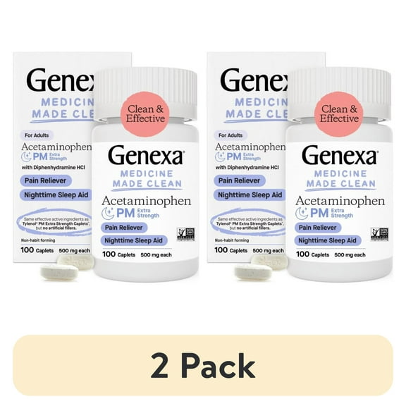 (2 pack) Genexa Extra Strength Pain & Fever PM Acetaminophen & Sleep Aid Caplets, 100 Count