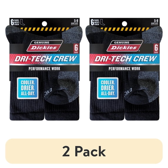(2 pack) Genuine Dickies Men's Dri-Tech Crew Socks, 6-Pack, Sizes 6-15