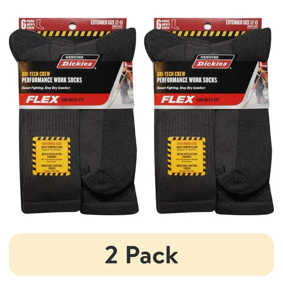 (2 pack) Dickies Men's Dri-Tech Crew Socks, 6-Pack, Sizes 12-15