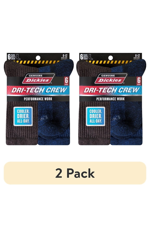 (2 pack) Genuine Dickies Men's Dri-Tech Crew Socks, 6-Pack, Sizes 6-15