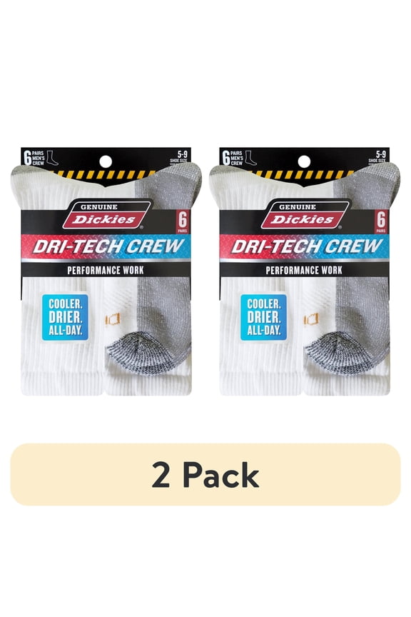 (2 pack) Genuine Dickies Men's Dri-Tech Crew Socks, 6-Pack, Sizes 6-15