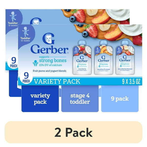 (2 pack) Gerber Toddler Food, Fruit and Yogurt Smoothie Puree, Variety Pack, 3.5 oz Pouches (9 Pack)