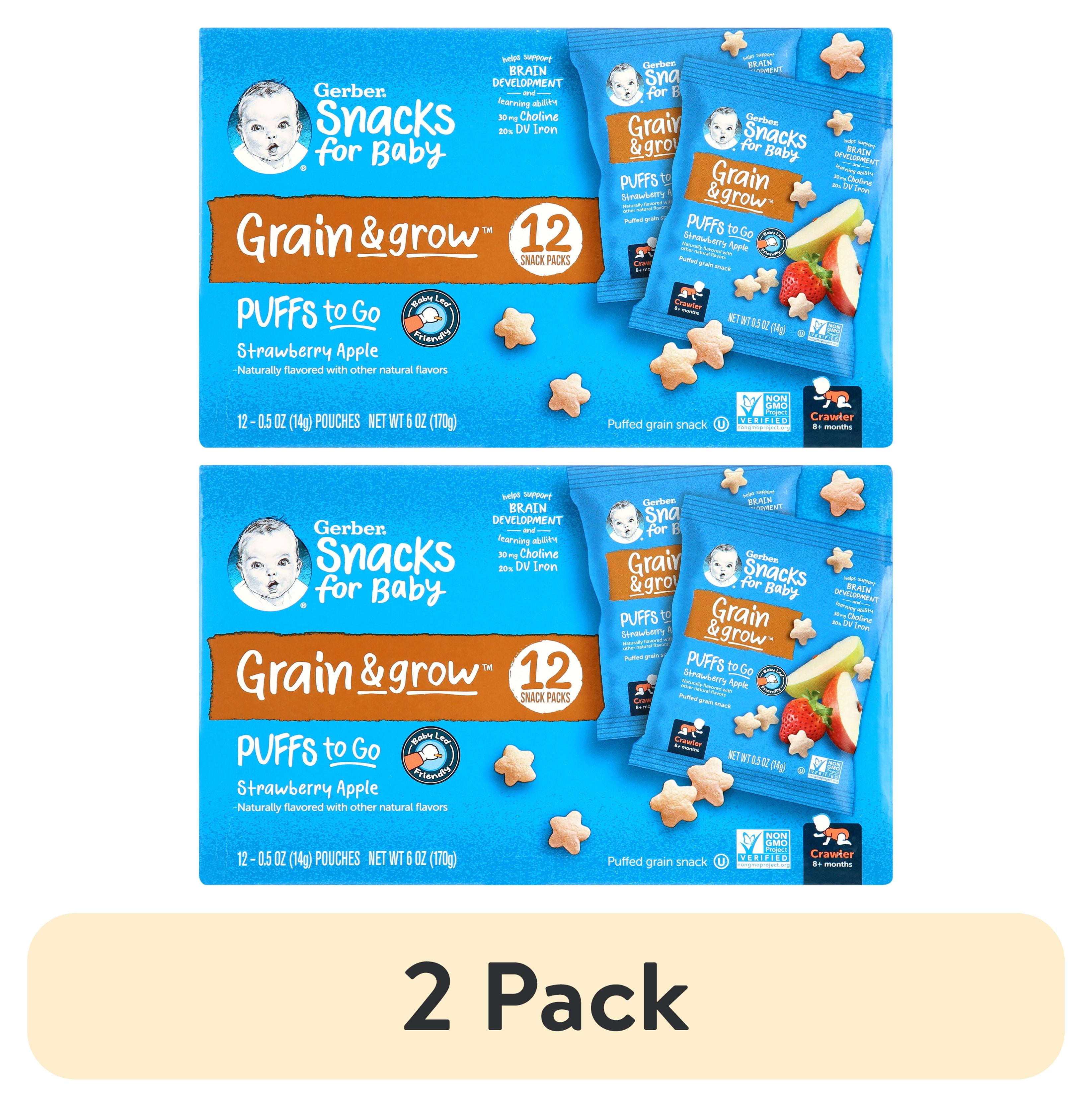 (2 pack) GERBER SNACKS FOR BABY GRAIN AND GROW Puffs To Go Strawberry Apple 6oz 12pieces Individually Serve Packets