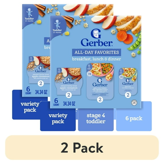 (2 pack) Gerber Toddler Food Variety 6 Pack, All Day Favorites, Breakfast, Lunch & Dinner 2.14 lb.