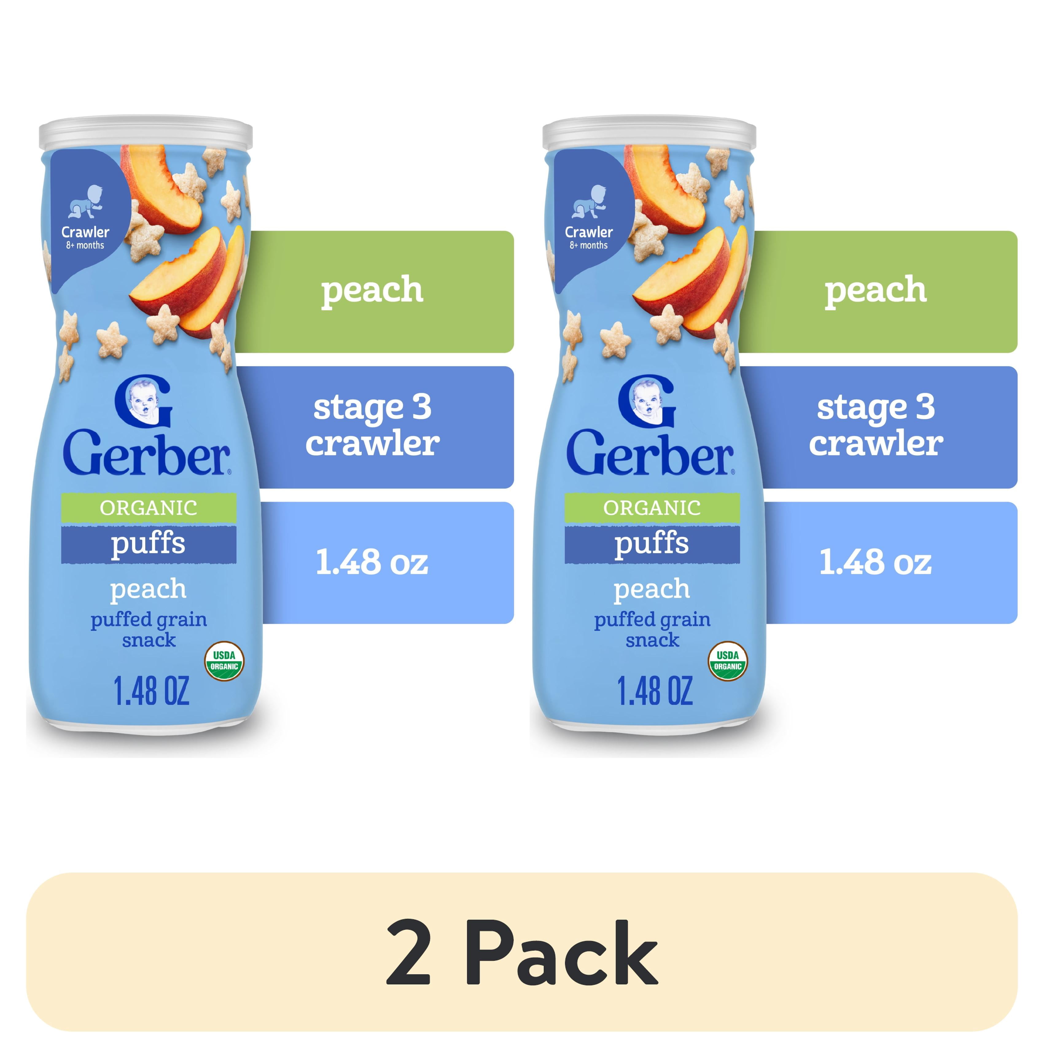 (2 pack) Gerber Organic Stage 3 Baby Snacks Puffs, Grain & Grow Puffs, Peach, 1.48 oz Canister