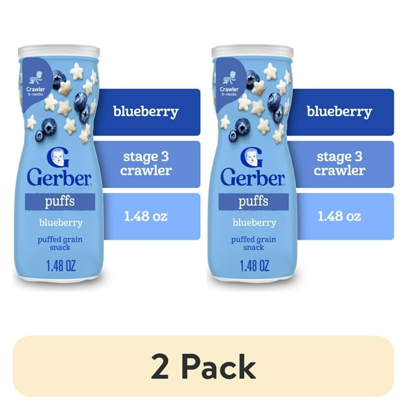 (2 pack) Gerber Snacks for Baby Grain & Grow Puffs, Blueberry, 1.48 oz Canister
