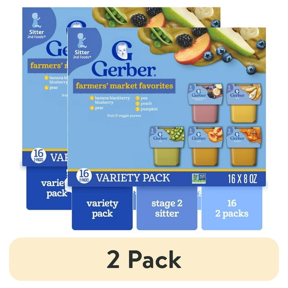 (2 pack) Gerber 2nd Foods Baby Food, Farmers' Favorites Variety Pack, 2 oz Tubs (32 Pack)