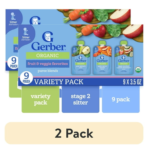 (2 pack) Gerber 2nd Foods Organic for Baby, Fruit & Veggie Variety Pack, 3.5 oz Pouch (9 Pack)