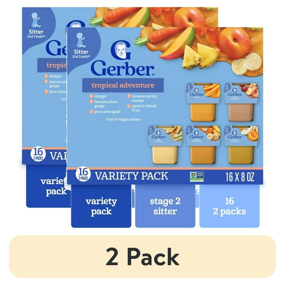 (2 pack) Gerber 2nd Foods Baby Food, Tropical Adventure Variety Pack, 2 oz Tubs (32 Pack)