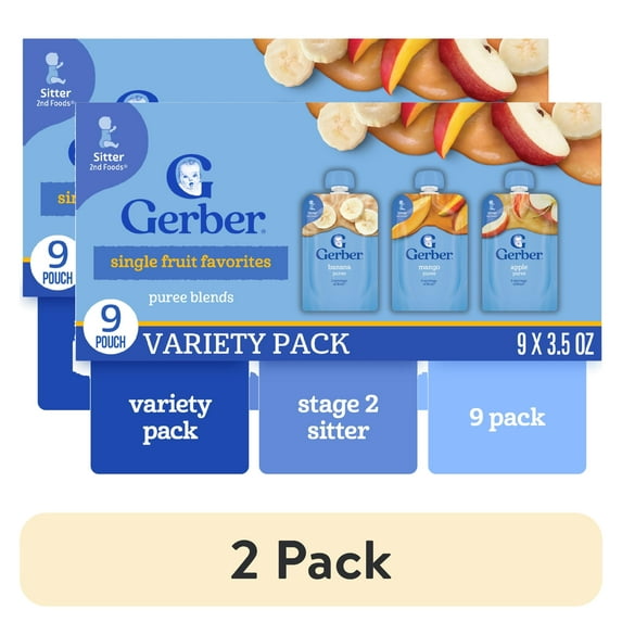 (2 pack) Gerber Stage 2 Baby Food, Single Fruit Puree Variety Pack, 3.5 oz Pouches (9 Pack)
