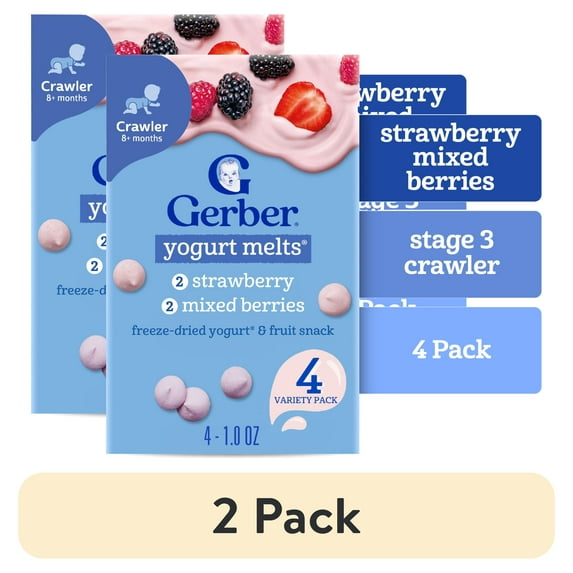 (2 pack) Gerber Snacks for Baby Yogurt Melts, Strawberry & Mixed Berry Variety Pack, 1 oz Bag, 4 count