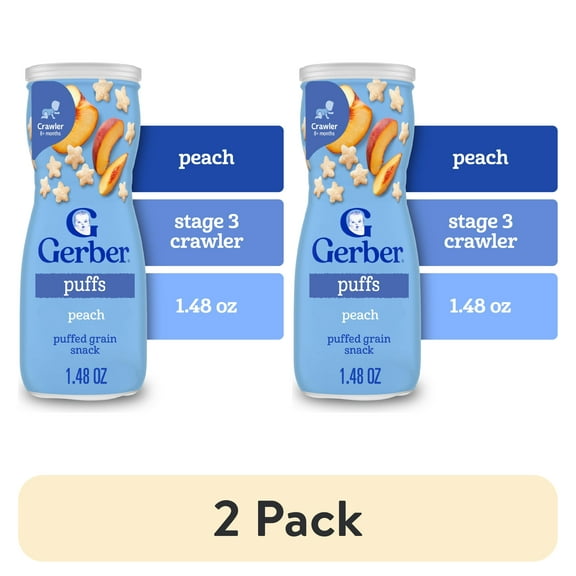(2 pack) Gerber Snacks for Baby Grain & Grow Puffs, Peach, 1.48 oz Canister