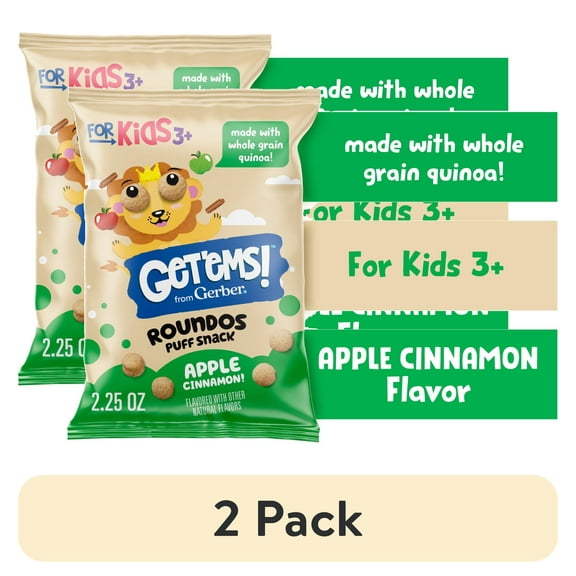 (2 pack) Get'ems from Gerber Apple Cinnamon Roundos Puffs Snacks, Kids Snack Made with Whole Grain Quinoa, Calcium to Support Strong Bones 2.25 oz
