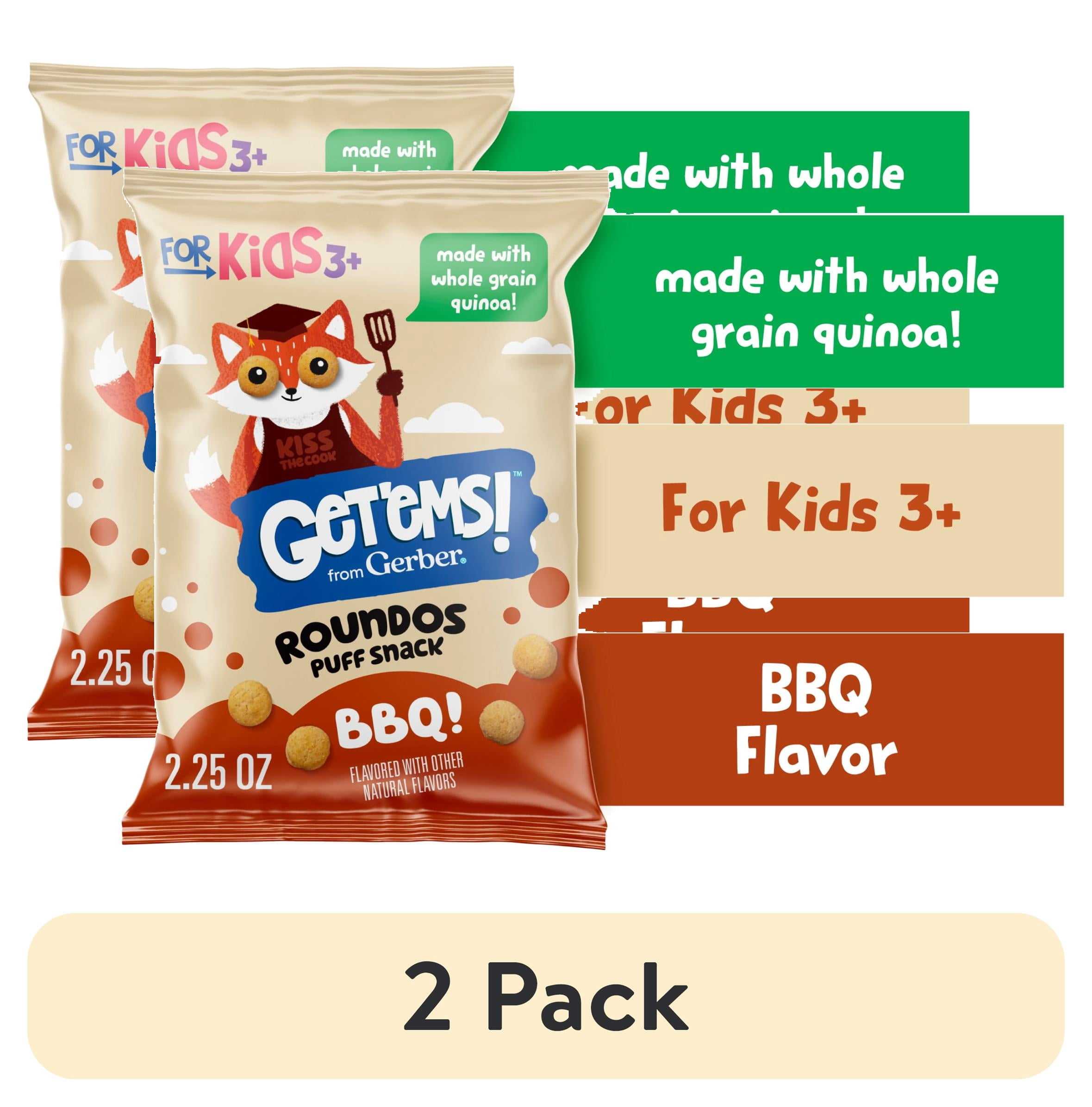 (2 pack) Get'ems from Gerber BBQ Roundos Puff Snack, Kids Snack Made with Whole Grain Quinoa, Calcium to Support Strong Bones 2.25 oz