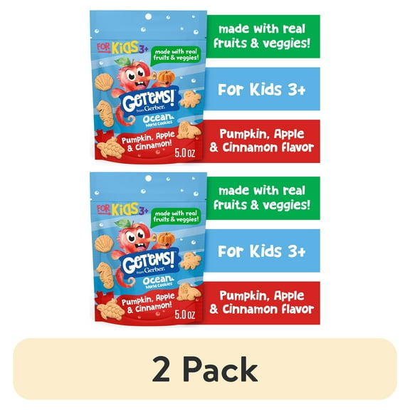 (2 pack) Gerber Get'ems Pumpkin, Apple & Cinnamon Cookies, Kid Snacks Made with Real Veggies & Fruits, 5 oz Bag