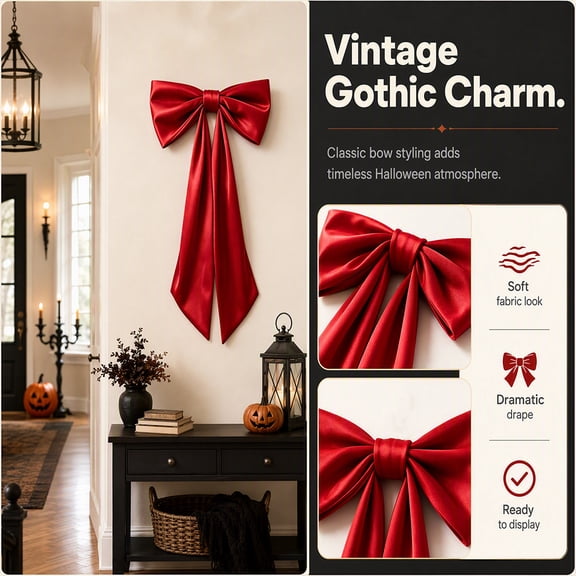 2 pack Giant Red Bow Halloween Wall Decor, 48 Inch Bright Fabric Bow, Festive Holiday Hanging Ornament for Front Door Window Staircase and Christmas Tree Decoration