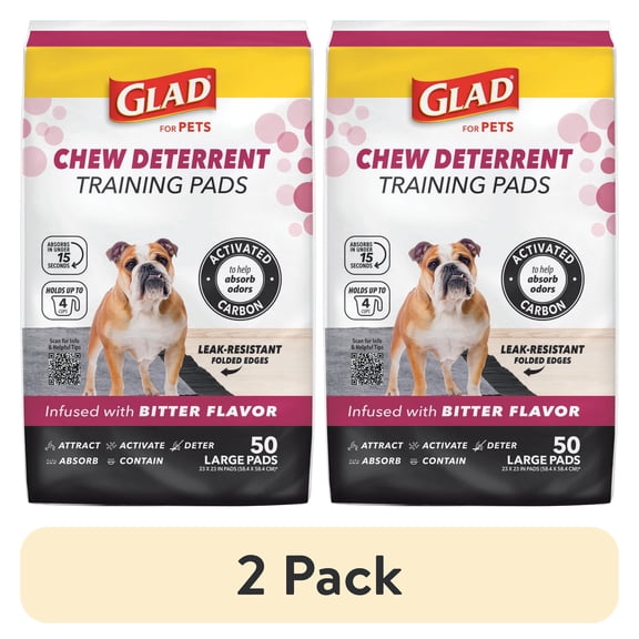 (2 pack) Glad Activated Carbon Puppy Dog Training Pads with Chew Deterrent & Odor Control 23x23 50ct