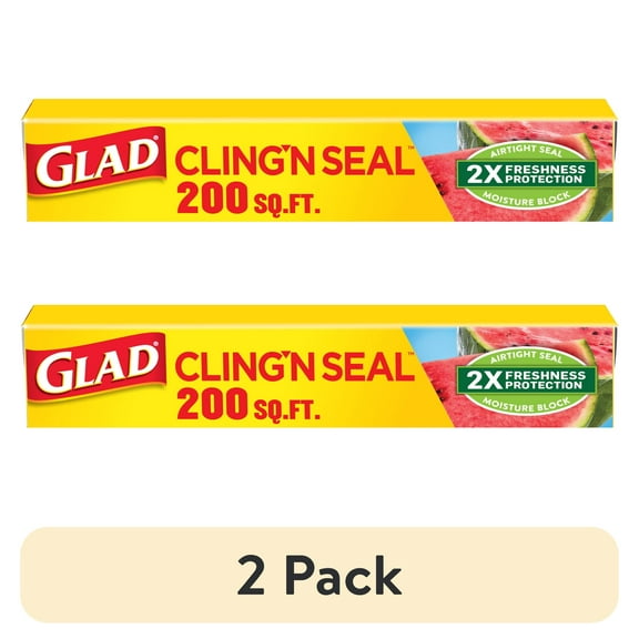 (2 pack) Glad Cling N Seal Plastic Food Wrap, 200 sq ft Roll