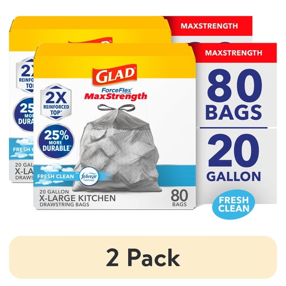 (2 pack) Glad ForceFlex Plus 20 Gallon Gray Drawstring XL Kitchen Trash Bag, Fresh Clean, 80 Bags
