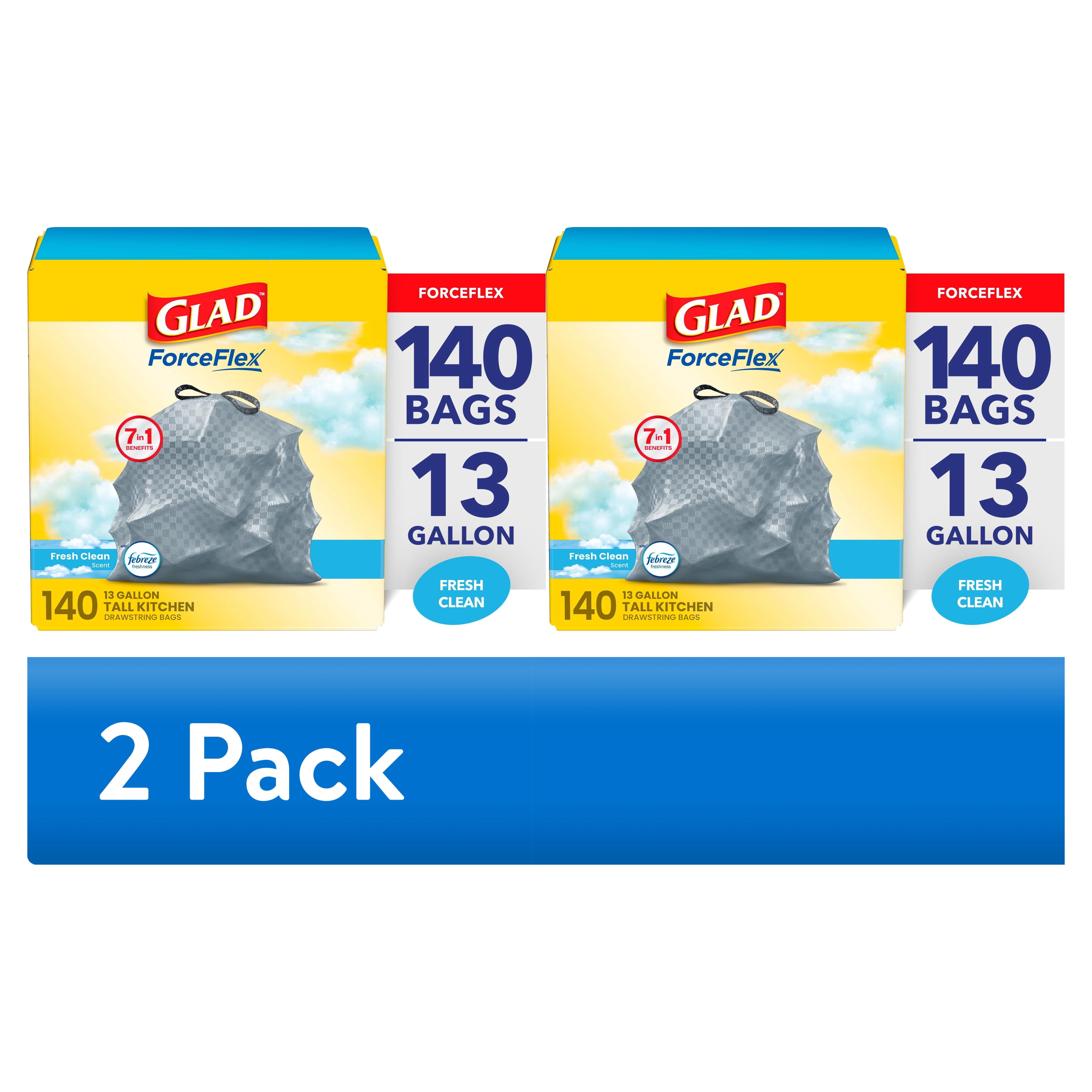 (2 pack) Glad ForceFlex 13-Gallon Drawstring Tall Kitchen Trash Bags, Febreze Fresh Clean Scent, 140 Bags