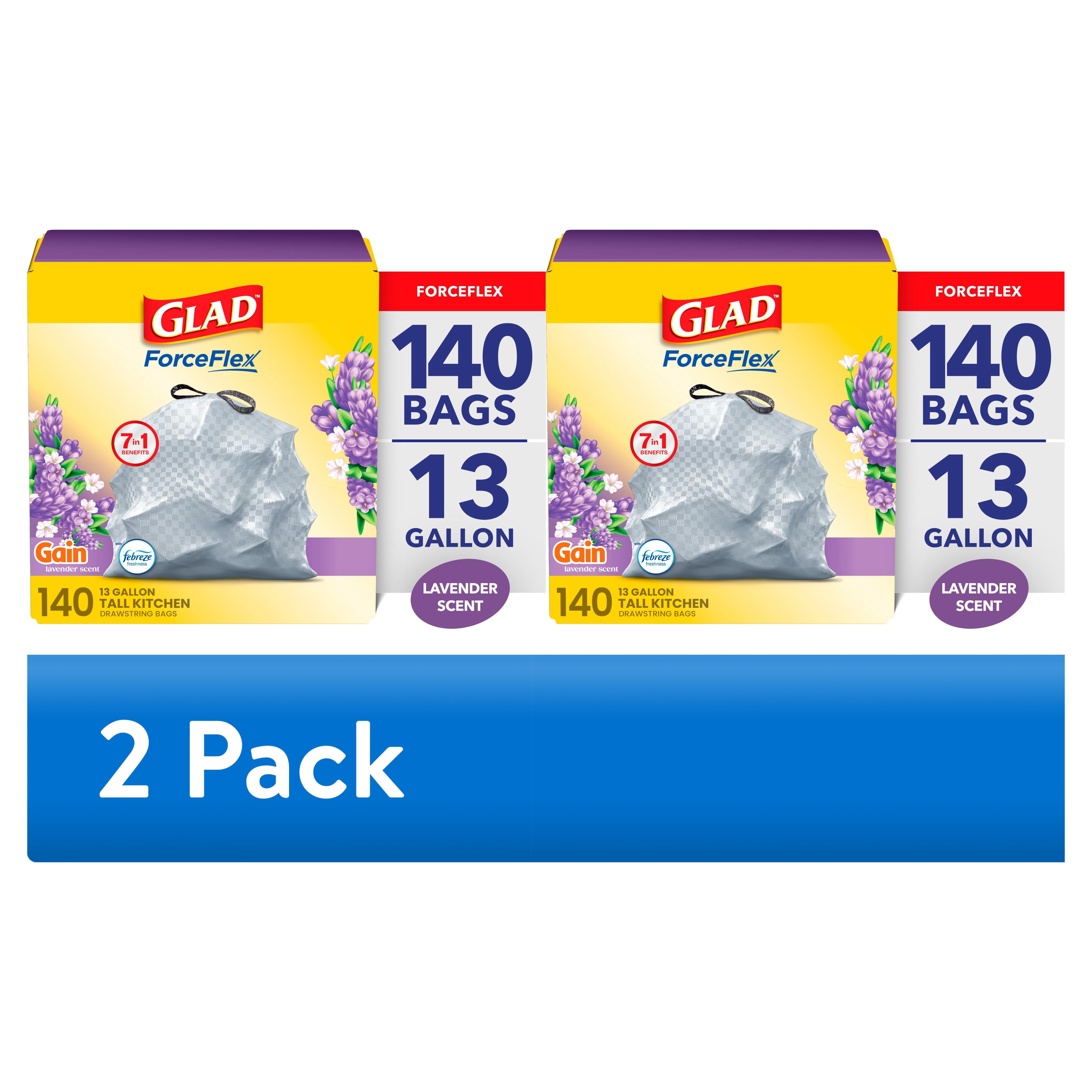 (2 pack) Glad ForceFlex 13-Gallon Drawstring Tall Kitchen Trash Bags, Gain Lavender Scent, 140 Bags